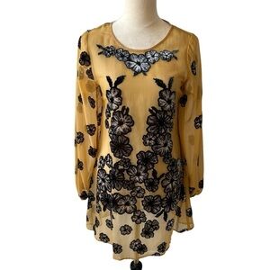 REVOLVE For Love & Lemons Heather Mini Dress Mustard Black Floral Velvet Sheer S